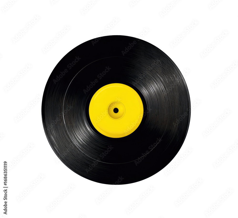 Obraz premium A black vinyl record with a bright yellow center
