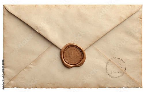 Aged, tan envelope with a vintage wax seal