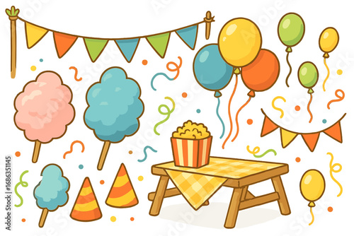Party and celebration vector icon set. Cute cartoon elements for carnival, festival, funfair, and birthday. Includes cotton candy, popcorn, balloons, bunting, and party hats.