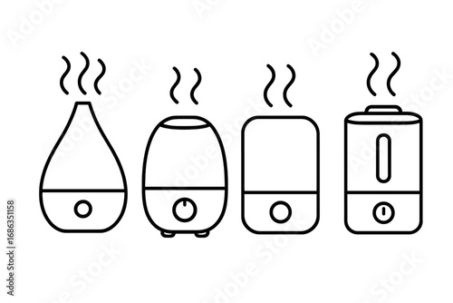 Humidifier line icon set. Air diffuser collection with steam, vapor. Aromatherapy concept. Home appliance for healthy living. Climate control equipment. Outline vector symbols.
