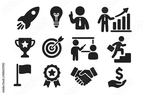 Business icons set for success and growth. Vector pictograms for startup, finance, career development, and achievement. Includes rocket, lightbulb, target, and handshake symbols.