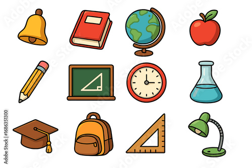 Education icon set. Back to school supplies cartoon vector collection. Study, learning symbols. Globe, book, pencil, backpack, graduation cap, apple, clock, ruler, bell.
