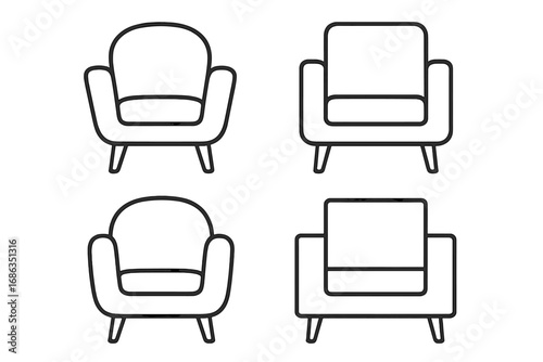 Set of minimalist armchair line icons. Modern furniture collection for interior design. Simple outline drawing of lounge chairs. Vector illustration of home decor seating elements.