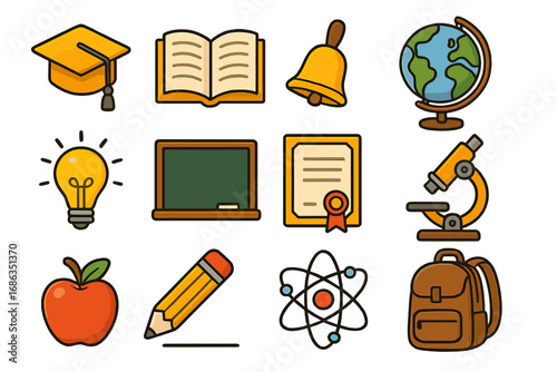 Education icon collection for back to school. Vector cartoon set with academic symbols like graduation cap, book, globe, microscope, science atom, and diploma. Isolated flat design.