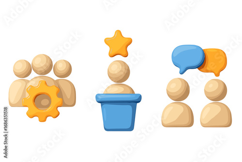 3D business icons set. Teamwork management, leadership success, and communication chat. Vector cartoon figures for web and app design. Minimal plasticine style illustration.