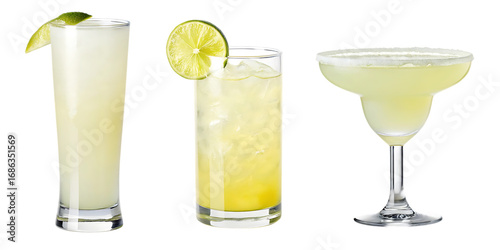 Three refreshing cocktails on a white background isolated on white background