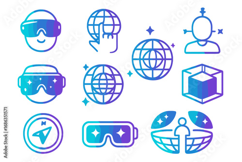 Virtual reality and augmented reality gradient icons. Futuristic vector line icon set for metaverse, UI design, VR games and AR concepts. Digital world and technology symbols.