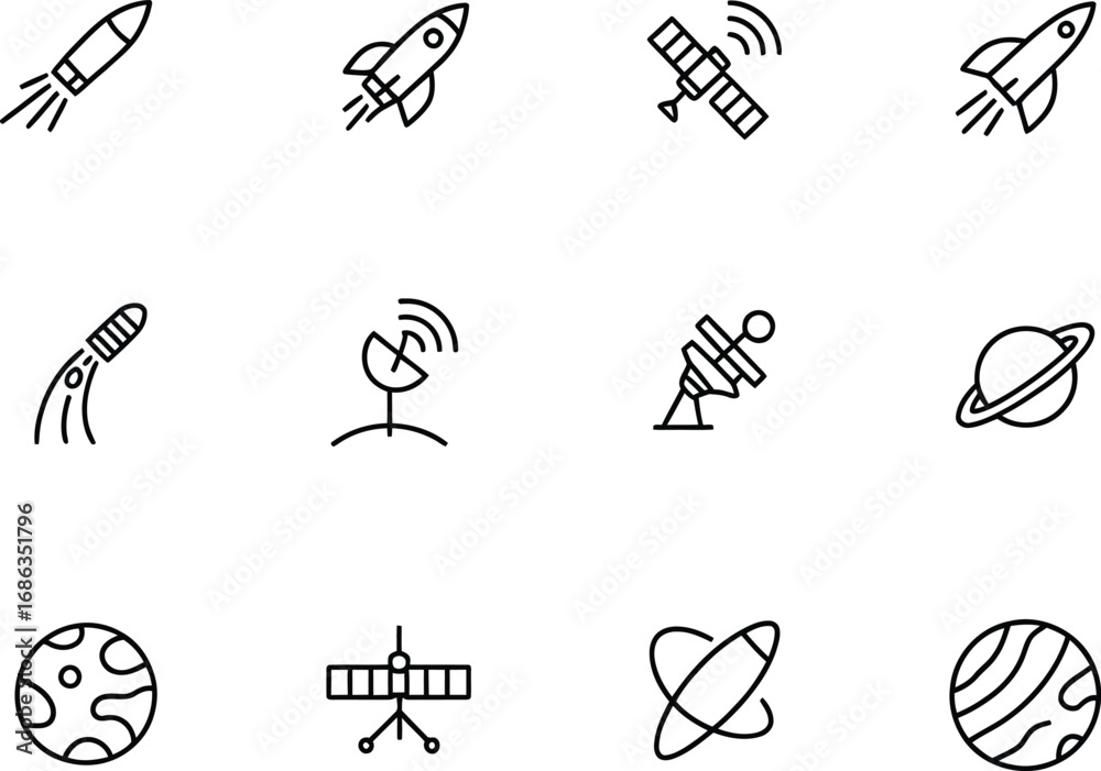Fototapeta premium Collection of hand drawn space icons including rockets planets and satellites