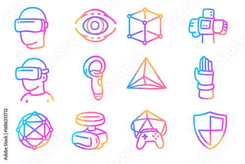 Virtual reality gradient icons. Metaverse line icon set for VR and AR technology. Futuristic gaming, digital simulation, cyber world concepts. Headset, controller, glasses.
