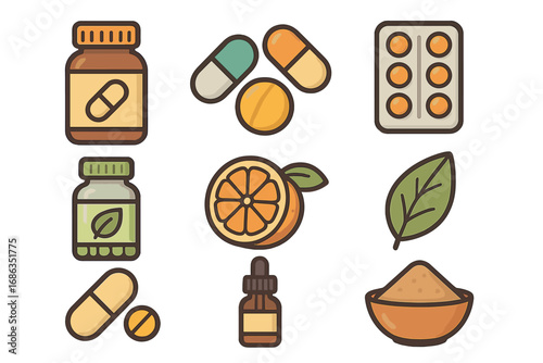 Health and wellness icon set. Vector collection of supplements, vitamins, and natural ingredients. Pharmacy and medicine symbols. Pills, capsules, herbs, and vitamin C icons.