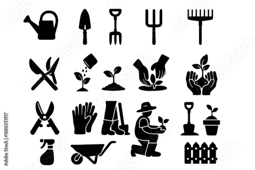 Gardening vector icon set. Black silhouette icons of garden tools, equipment and planting process. Farmer, gardener, horticulture and agriculture graphic elements collection.