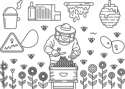 Beekeeper in protective suit tending to a beehive surrounded by bees and flowers