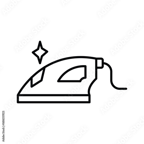 A graphic depicts a steam iron with an attached cord A small star is beside the iron. Editable stroke. Icon vector illustration