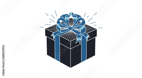Elegant dark blue gift box with radiant sparkles and a luxurious ribbon bow