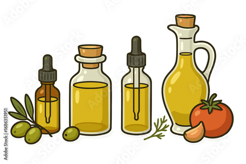 Set of olive oil bottles, glass cruet and dropper. Vector illustration of natural cooking ingredients like tomato, garlic, olives. Healthy organic food, Mediterranean diet concept.