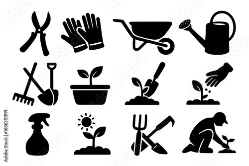 Gardening icon set. Vector silhouette symbols of garden tools and equipment for planting. Farmer working, plant, seedling, sprout, gloves, watering can, shovel, rake concept.
