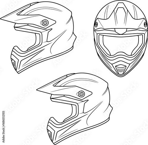 Flat vector CAD drawing of motocross helmet, detailed line sketch, front and side view, protective gear, racing safety illustration