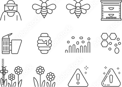 Collection of hand drawn beekeeper and bee related icons and illustrations