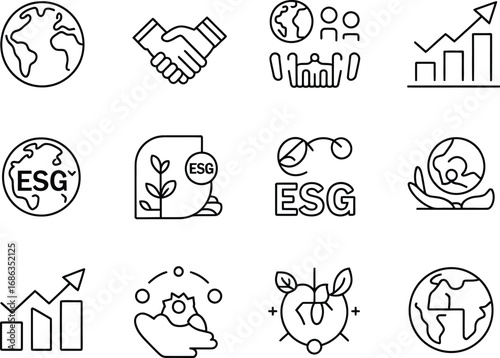 Collection of hand drawn esg icons representing sustainability and business growth