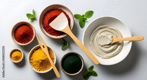 Wallpaper Mural Red, yellow, and green cosmetic powders with clay mask and utensils skincare beauty Torontodigital.ca