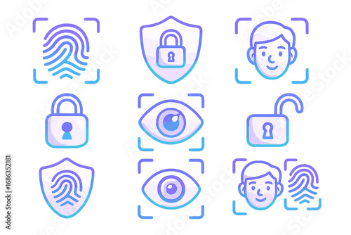 Biometric authentication security icon set. Gradient vector icons for face ID, fingerprint scan, eye recognition. Digital identification, privacy, access control symbols.