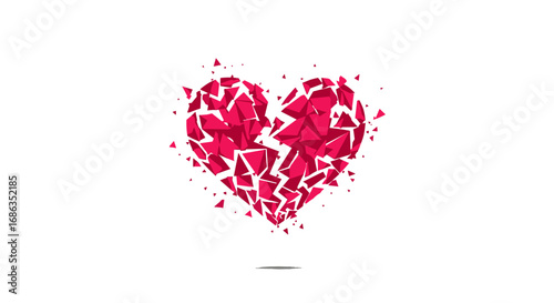 Abstract geometric pink heart shattering into many small pieces on a white background