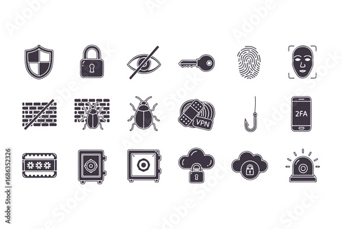 Cyber Security Icons Set, Data Protection, Privacy, Firewall, VPN, Password, Hacking, Phishing Symbols