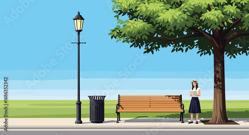 A young woman stands next to a park bench under a tree with a lamp post and trash can nearby