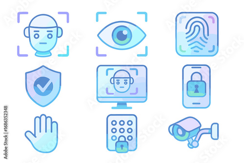 Biometric security icon set. Face recognition, fingerprint, iris scan, hand palm authentication. Vector concepts for cybersecurity, identification, surveillance, data protection.