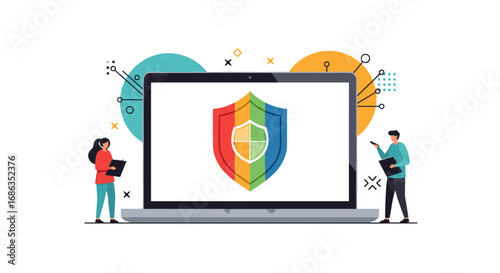 Digital security shield on laptop screen protecting data against online threats and cyber attacks