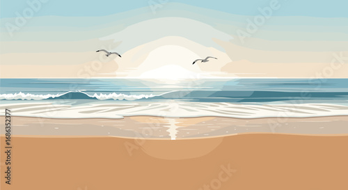 Serene sunrise over the ocean with seagulls gliding above gentle waves on a sandy beach