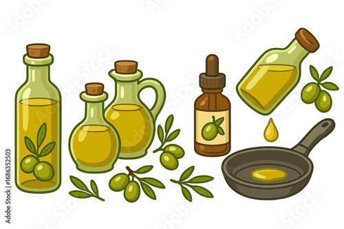 Olive oil vector set with bottles, jug, dropper, and pan for healthy cooking. Natural organic food for Mediterranean diet. Cartoon illustration collection of kitchen elements.