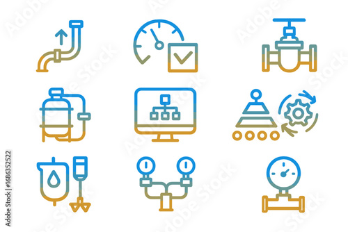 Industrial automation gradient line icon set. Process control, manufacturing, and fluid engineering symbols. Vector collection of valve, pipe, gauge, sensor, and pressure meter icons.