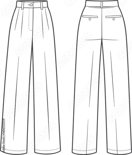 Flat vector CAD drawing of wide leg tailored pants with pleats, front and back view fashion technical sketch illustration