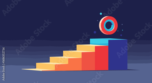 Abstract geometric stairs leading to success with a floating ring symbolizing achievement and growth