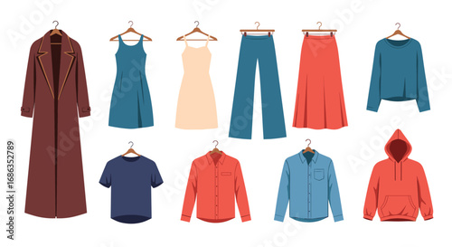 Collection of fashionable women's clothing items organized for stylish wardrobe presentation