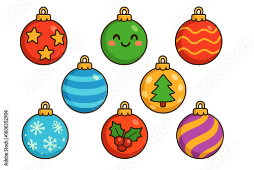 Colorful Christmas ornaments collection. Vector cartoon icons set for holiday decoration. Festive baubles with star, tree, snowflake, and holly designs. Cute Xmas graphic elements.