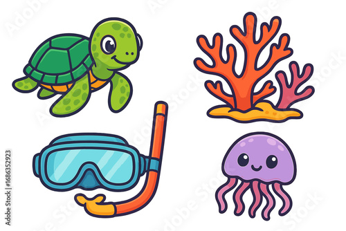 Cute sea animal cartoon icon set. Vector collection of marine life illustrations with turtle, jellyfish, and coral. Snorkeling gear for underwater adventure and diving.