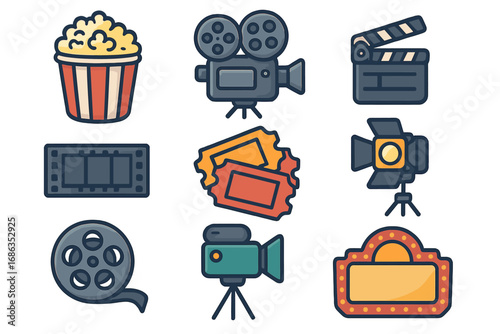 Cinema and movie making icon set. Film production elements. Vector cartoon illustration. Popcorn, ticket, clapperboard, retro camera, film reel, studio light, marquee sign.