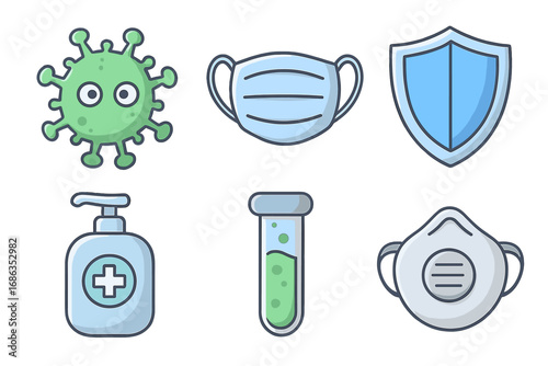 Medical icon set for virus prevention and healthcare. Vector illustration with cartoon icons of a germ, face mask, protection shield, hand sanitizer, test tube, and respirator.