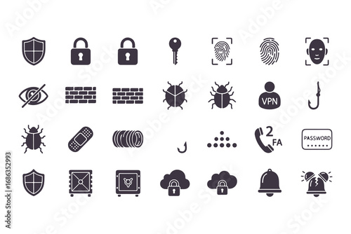 Cyber Security Icons Set, Data Protection, Privacy, Firewall, VPN, Password, Hacking, Phishing Symbols