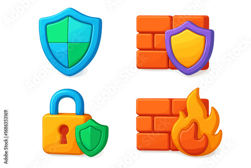 Cybersecurity 3D icon set with firewall, shield, lock. Colorful cartoon vector illustration for data protection, network security, and privacy concepts. Digital guard symbols.