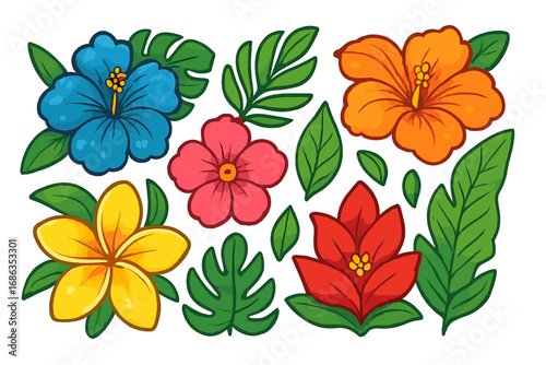 Colorful tropical flowers and exotic leaves set. Vector cartoon illustration collection with hibiscus, plumeria, and monstera. Isolated floral elements for summer graphic design.