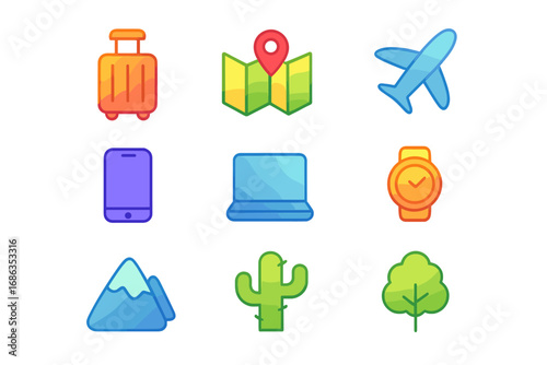 Minimal gradient icon set with travel, technology, and nature themes. Vector symbols for web and mobile app UI design. Includes luggage, map, plane, phone, laptop, watch.