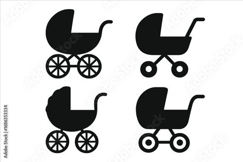 Baby carriage vector icon set. Minimalist black stroller and pram silhouettes for newborn, parenthood, and pregnancy. Simple flat illustration for baby shower theme graphics.