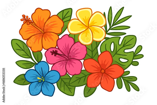 Vibrant tropical flower arrangement with hibiscus, plumeria, and monstera leaves. Exotic botanical vector illustration for summer, Hawaiian-themed design, isolated on white.