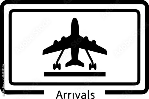 Airport Arrivals sign with airplane silhouette on white