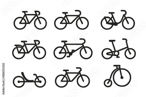 Bicycle icon set. Collection of various bike types. Road, race, city, touring, folding, recumbent, and penny-farthing bicycle silhouettes. Vector graphic symbols for sport.