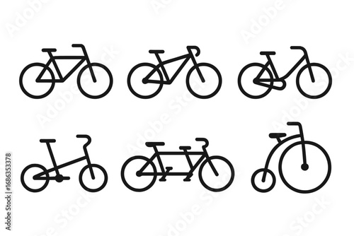 Bicycle icon set. Minimalist vector collection of different bike types. Road bike, tandem, retro penny-farthing, bmx. Cycle sport and transport symbols. Graphic design element.