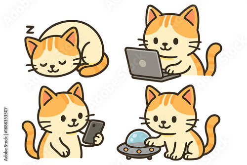 Cute cat character set. Kawaii kitty collection with funny pets sleeping, using laptop and phone, playing with UFO. Cartoon animal mascot for stickers. Vector illustration.